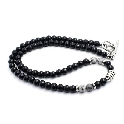 Black Bead Mens Necklace With Grey Details