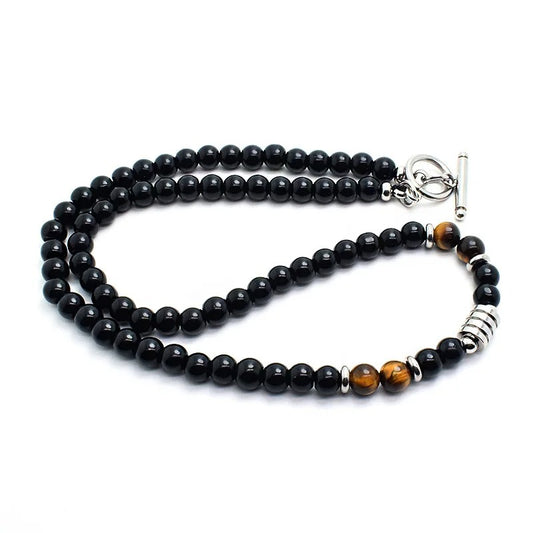 Black Bead Mens Necklace With Brown Details