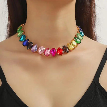 Brunette woman with a black top wearing a Colorful Gemstone Necklace