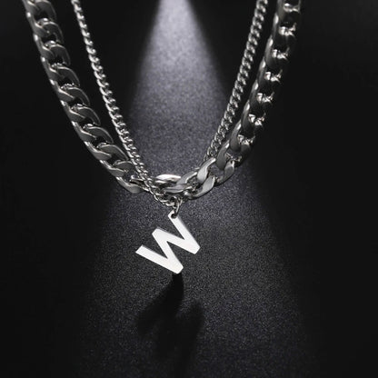 Initial Layered Necklace with the initial "W"
