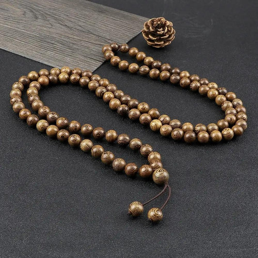 Mens Wooden Bead Necklace on a dark gray background